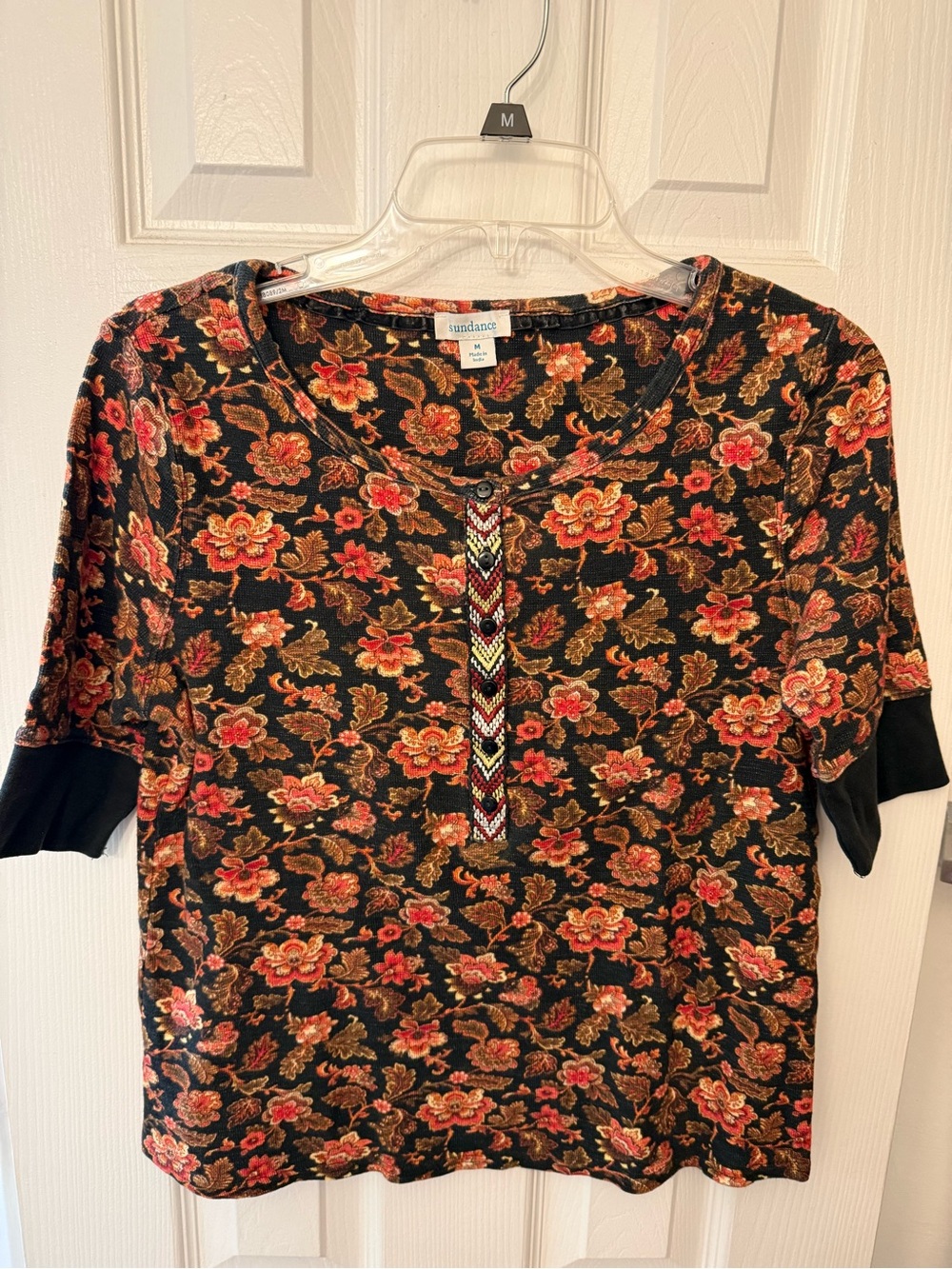 Sundance Black Short-Sleeve Tee with Red and Gold Floral Print